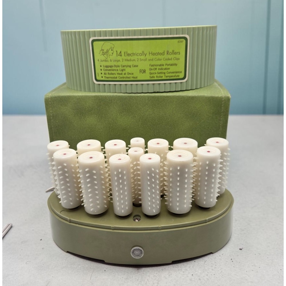 Vintage 1960s Sears Instant Hair Roller Setter With 14 Rollers Green‎ Carry Case